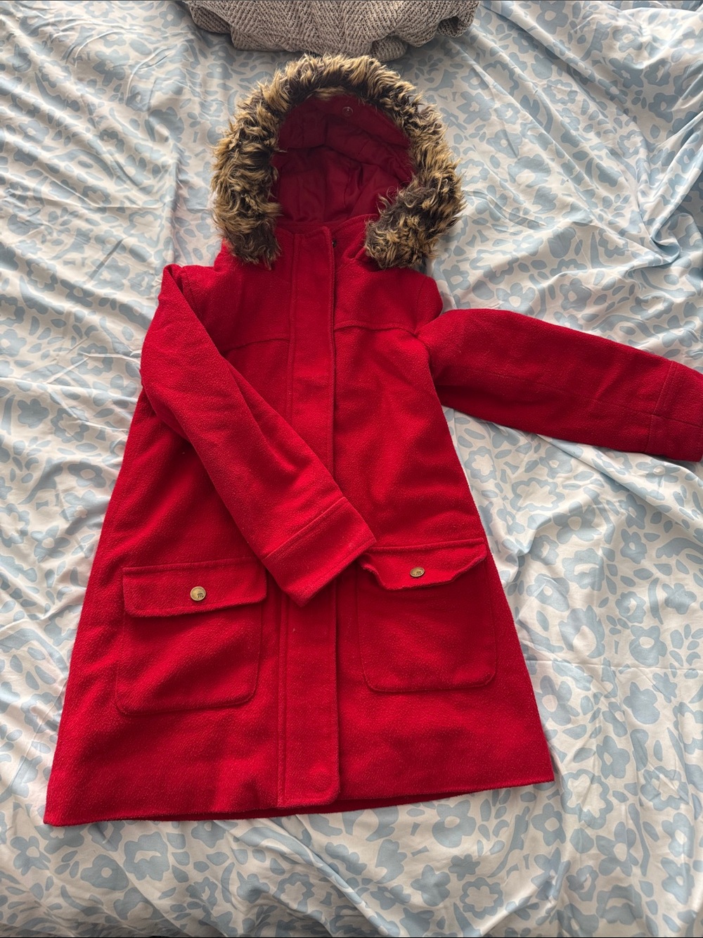 Classic Girls Red Hooded Pea Coat with Faux Fur Trim